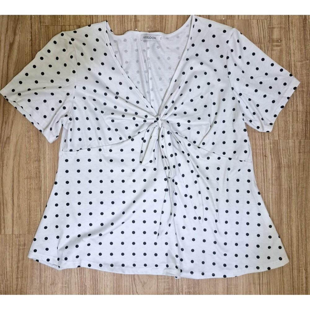 Misslook Top Womens Size XXL Blue Short Sleeve Tie Back Knit Casual White And...